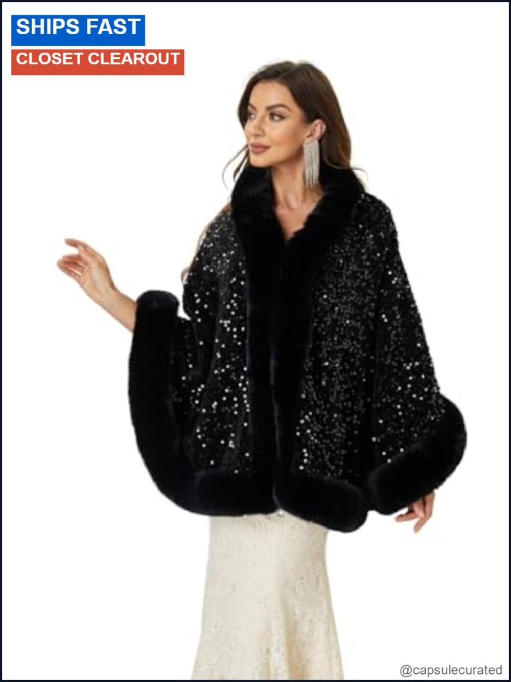 Faux Fur Sequins Wrap Shawl Stole Cape for Prom Evening Party